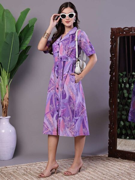 Women's Purple Abstract Print Cotton Shirt Dress