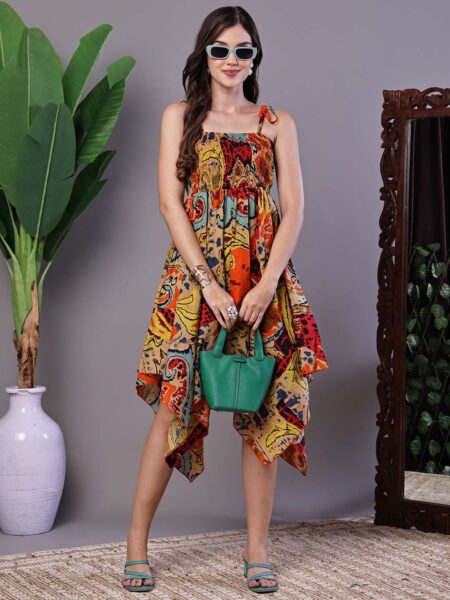 Women's Multicolor Abstract Printed Cotton Handkerchief Hem Dress Midi Dresses