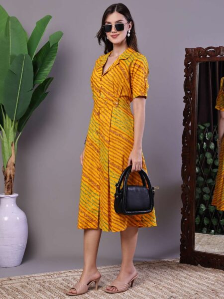 Women's Yellow Printed Cotton Shirt Dress