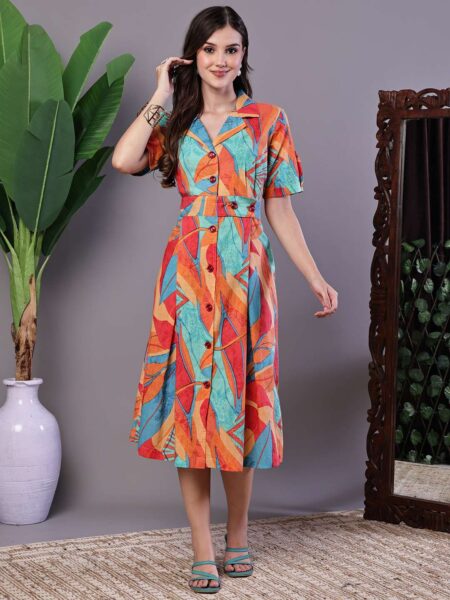 Women's Tropical Print Button-Down Cotton Midi Dress